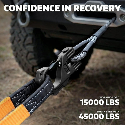 Three Eighths Inch Winch Hook Heavy Duty Forged Steel With Safety Latch, connected to ATV with synthetic rope.