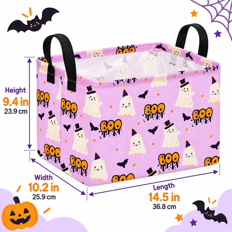 Lowkey Spooky Purple Ghost Storage Basket With Heavy Duty Cotton Linen Handles Dope Collapsible Organizer For Halloween Candy Toys Bedroom Closet Shelf Vibe Refresh side view showing dimensions and design.