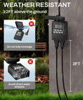 Bulldog Grade Outdoor 7 Day Programmable Timer Outlet Dual Pack Weather Protected Control Module shown in rain with instructions.