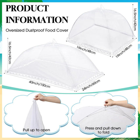 Oversized dustproof food cover with dimensions shown, part of Inflatable Serving Bar Buffet Set For Outdoor Parties Includes Two Inflatable Serving Bars Two Mesh Food Covers And One Inflator Ideal For Cold Food Display On Picnics Pool Parties Backyard BBQs