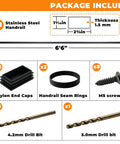 Package includes Heavy Duty 6 Foot 6 Inch Stainless Steel Flat Handrail Slick Matte Black Finish Cable Railing components.