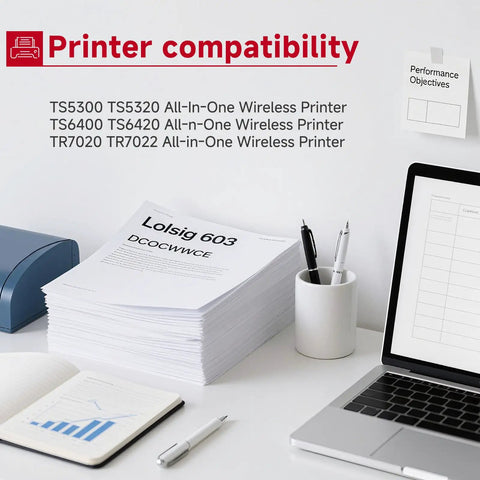 Desk with 260XL And 261XL Compatible Ink Cartridges Replacement Bundle For 260 And 261 High Yield Black And Color Pack Works With TS6420a TS6400 TS6420 TR7020a TS7020 TR7022 TS5300 TS5320 Printers compatibility list, paper stack, and laptop.