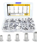 Flat Head Aluminum Rivet Nuts Kit With 110 Pieces In M3 M4 M5 M6 M8 Sizes displayed in open case