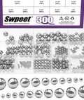 Premium Assorted Stainless Steel Ball Bearings Kit Featuring Three Hundred Pieces in Twelve Precise Sizes For Hassle Free Bicycle Repairs Ultra Smooth Caster Wheels And Quick Garage Fixes displayed in a clear organizer with various sizes.