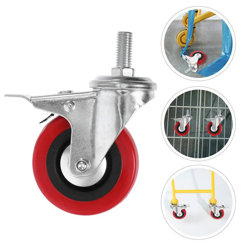 4 Pack Built Tough 3 Inch Swivel Casters With Threaded Stem And Dual Locking Brakes, red wheels, heavy-duty, dual locking brakes.