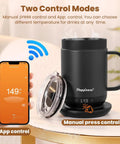 Top Shelf Self Heating Coffee Mug With Precise One Degree Temperature Control Smart Cup displaying control modes and lid.