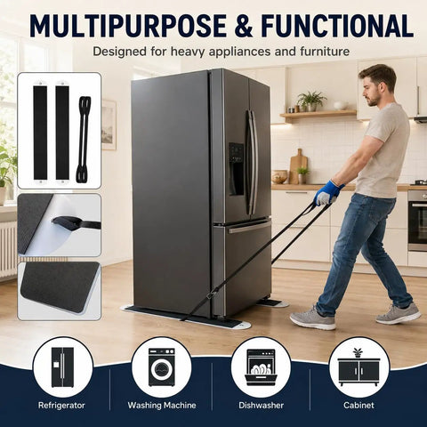 Heavy Duty Furniture Sliders 2 Pack 4 Foot Mover Mats Budge Heavy Appliances in use moving a refrigerator.