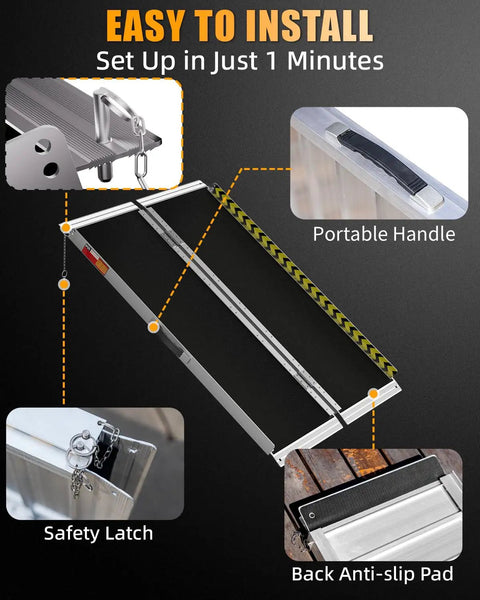 Premium 4 Foot Portable Wheelchair Ramp For Home Steps Features Non Slip Grip Built Tough Mobility Access Solution Rolls Super Smooth Over Thresholds Dead Simple Setup Done For You with safety latch and portable handle.