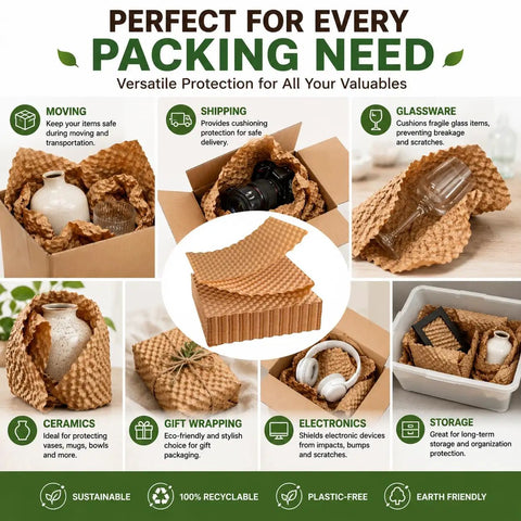 Heavy Duty Honeycomb Kraft Paper Wrap Sheets For Packing And Moving 12 X 12 Inches 100 Sheets shown in various packing uses.