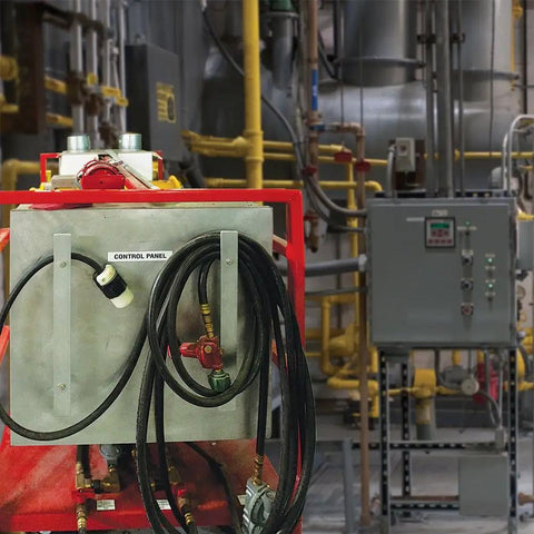 Industrial setting with electrical control panels and heavy electrical connectors visible.