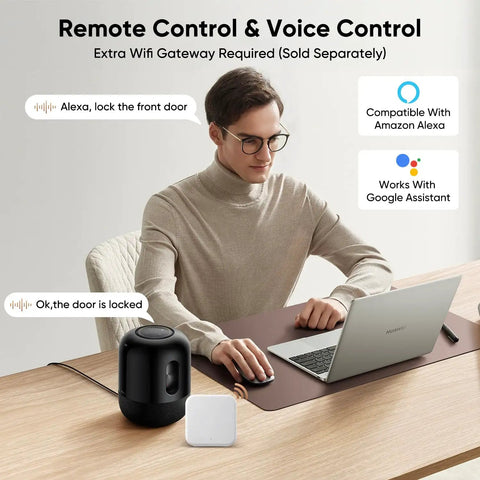 Person using a laptop with a smart speaker and Wi-Fi module for the Rock Solid Slick Fingerprint Smart Front Door Lock Set.