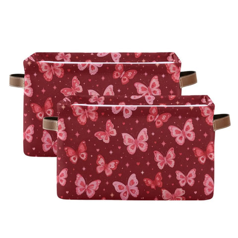 Collapsible Canvas Storage Basket With Waterproof Interior And Sturdy Handles For Bedroom Closet Organization in pink butterfly design.