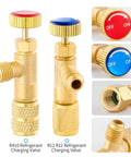Heavy Duty R12 R22 R410 Refrigerant Charging Valve With Brass Tank Adapter Pro Game Changer Air Conditioner Manifold Quick Connect Fitting No Sweat Hvac Repair Tool with red and blue knobs.