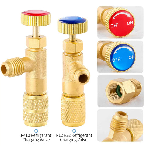 Heavy Duty R12 R22 R410 Refrigerant Charging Valve With Brass Tank Adapter Pro Game Changer Air Conditioner Manifold Quick Connect Fitting No Sweat Hvac Repair Tool with red and blue knobs.