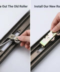 Heavy Duty Two Pack Sliding Patio Door Rollers 1-1/4 Inch Steel Ball Wheels Tandem Roller Kit being installed on a track.
