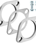 Beefy Heavy Duty Stainless Steel Two Bolt Exhaust Flange Connection Kit With Robust Gaskets And Knuckle Tight Lock Bolts For Seamless Two Inch Pipe Setup On Every Street Rod Or Daily Driver Rig, showing heavy-duty stainless steel flanges and bolts.