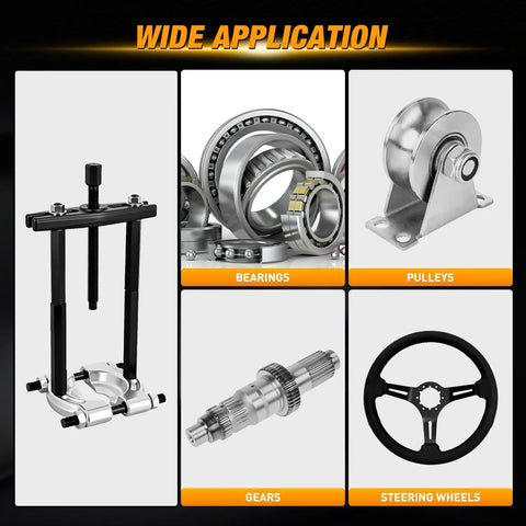 Heavy Duty 14 Piece Bearing Puller Kit 5 Ton Bearing Separator Tool For Auto Repair includes various automotive components like bearings and pulleys.