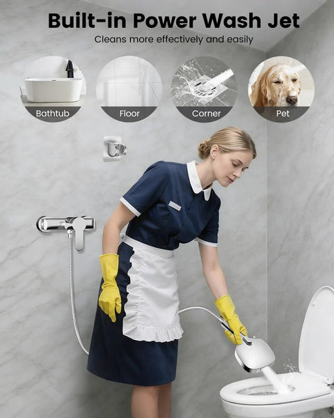 Woman cleaning toilet with High Pressure Handheld Shower Head With Filter, 7 Modes, Anti Clog Nozzles, Built In Power Wash For Tub Cleaning