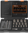 Damaged Screw Extractor Set For Stubborn Fasteners, 2-21mm, 39-piece kit with chrome-moly steel in open case with labeled sizes.