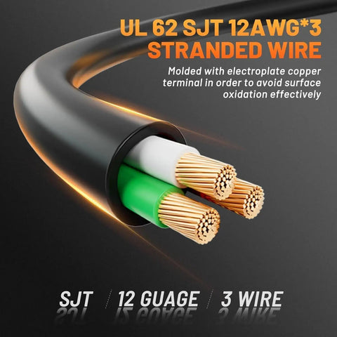 Built Tough 10 Ft Ac Power Adapter Cord 15 To 20 Amp Nema 5 15P To 5 15R 5 20R 6 15R 6 20R T Blade Splitter showcasing 12AWG stranded wire.