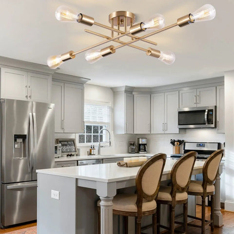 Dope Sputnik Chandelier Semi Flush Mount Ceiling Light With E26 Base 6 Light Brass in modern kitchen setting.