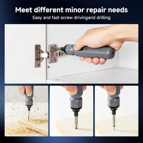 Using Mini Cordless Electric Screwdriver Set With Precision Bits, 250 RPM Motor, And Bright LED Light for cabinet repairs.