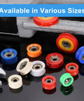 Straight Up Tough Eight Pack U Groove Plastic Guide Bearing Pulley Wheels Designed For Smooth Sliding Doors and Heavy Duty Conveyor Track Automation Hardware in various colors and sizes.