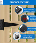 Heavy Duty Six Inch T Strap Gate Hinges Black Six Pack With Complete Hardware Set For Quick Install on wooden gate with features highlighted.