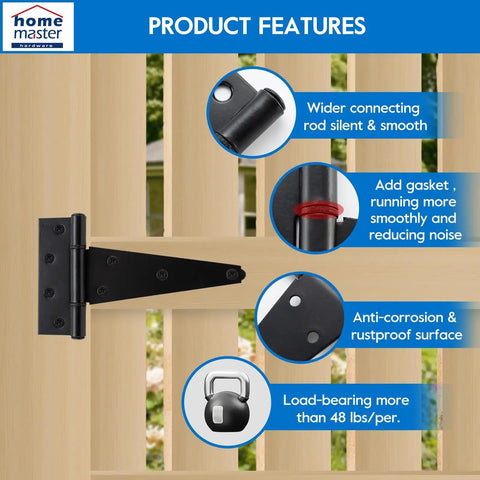 Heavy Duty Six Inch T Strap Gate Hinges Black Six Pack With Complete Hardware Set For Quick Install on wooden gate with features highlighted.