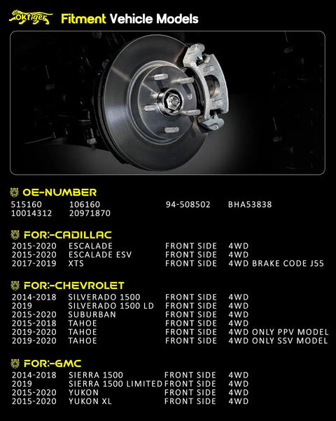 Heavy Duty Front Wheel Bearing Hub Assembly With Abs Sensors For Chevy Tahoe Silverado GMC Sierra Suburban Escalade Xts 6 Lug 4wd, detailed fitment specs.