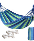 Canvas Hammock With Durable Comfort For Patio Yard Garden Backyard And Travel Portable And Easy Setup With Carrying Bag Included Ideal For Camping Outdoor Relaxation In Spacious 230 Centimeter Long Design For Supremely Comfortable Kick Back Anywhere, shown with carrying bag and ropes.