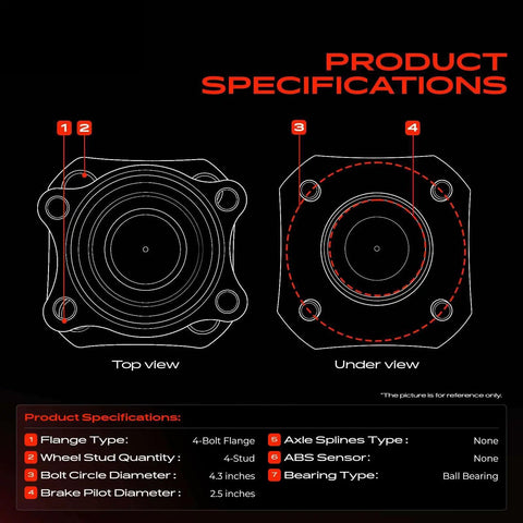 Top and under views of Heavy Duty Rear Wheel Bearing And Hub Assembly Pair For Ford Fiesta Rides With 4 Lug Bolts specifications diagram.