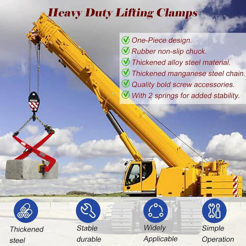 Heavy Duty Adjustable Stone Lifting Clamps for Vertical Plate Clamping and Rigging on a crane lifting concrete.