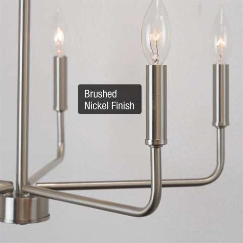Close-up of Camille 22 Inch Modern 5-Light Candle Style Chandelier With Open Frame in Brushed Nickel Finish