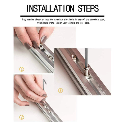 Built Strong 50Pack M5 TSLOT Nuts For Aluminum Extrusion Systems shown in installation steps using an Allen wrench on aluminum slot.