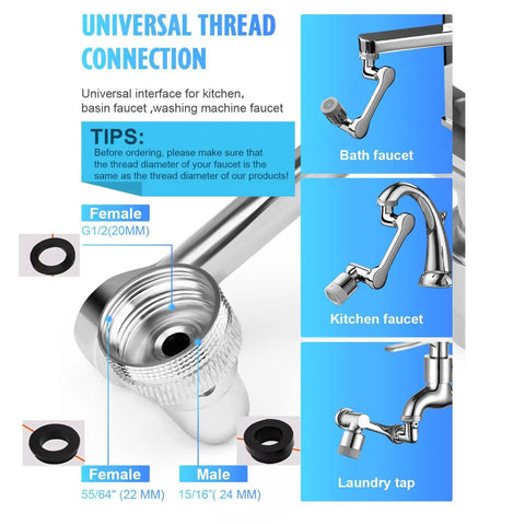 Ultra Versatile 1440 Degree Rotating Faucet Extender For Kitchen And Bath diagram with universal thread connection details