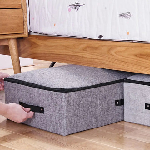 Built Tough Foldable Storage Tubs With Slick Glide Bottom For Easy Tucking Under Beds And Closets, grey fabric underbed bins with handles.