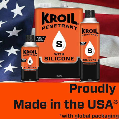Silicone Enhanced Rust Penetrant For Frozen Metal Parts, Penetrating Lubricant Aerosol displayed with American flag backdrop.