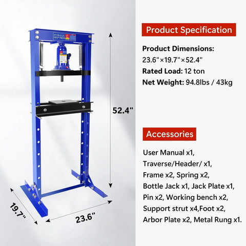Front view of 12 Ton Shop Press With H Frame For Garage Or Shop Use, Adjustable Hydraulic Floor Press, includes product dimensions.
