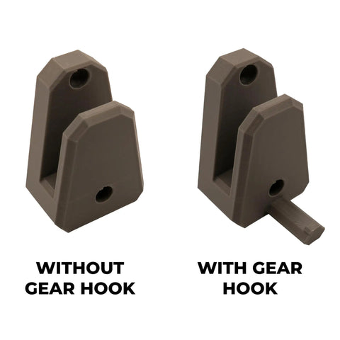 Slick Horizontal Ski Rack Wall Mount Bracket Black Hookless Design shown with and without gear hook for easy board display.
