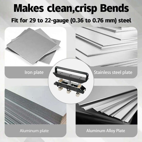 Image showing iron, stainless steel, aluminum, and aluminum alloy plates compatible with Three Station Edge Roller Bender For Sheet Metal, Adjustable From Zero To Ninety Degrees, Delivers Five Eighth Inch To Four Inch Bends In Twenty Nine To Twenty Two Gauge Steel, Heavy Duty Workhorse Sheet Metal Bender For Metal Roofing Projects.