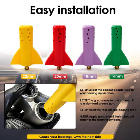 Slick Garage Essential Swingarm Linkage Bearing Grease Tool Kit featuring four color-coded adapters for grease application sizes.