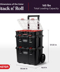 Stack N Roll Modular Tools Organizer System For Garage Storage And DIY, Three Piece Resin Rolling Toolbox Set With Cart Box And Organizer For Small Parts, Durable Lightweight Black with open lid showing compartments
