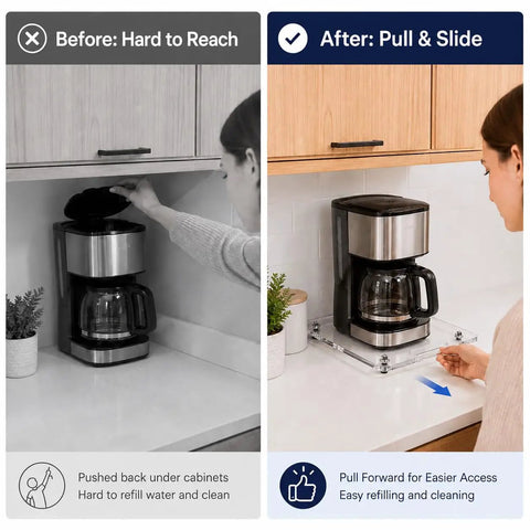 Clear Acrylic Appliance Slider Tray 13 X 14 Inch Slick Roll Out Coffee Maker Base Smooth Glide Under Cabinet Kitchen Counter Organizer With Cord Clips Straight Up Hassle Free Setup before and after comparison of coffee maker access.