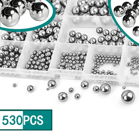 Assorted Full-Size Precision Steel Balls Set With Storage Box For Bicycle And Machinery, 530 Pieces, Rust-Resistant Chrome Steel Spheres