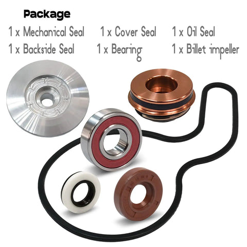 Hella Durable Water Pump Assembly With Billet Aluminum Impeller Upgraded Bearing And Heavy Duty Backside Seal For Polaris Sportsman Ranger And RZR Offroad Rigs 2002 To 2014 package with mechanical, oil and backside seals, bearing, and billet impeller.