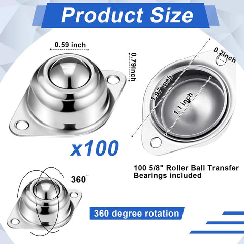 100 Pack 5/8 Inch Carbon Steel Ball Rollers Heavy Duty Caster Wheels showing dimensions and design features, 360° rotation, durable material.