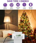 Dual Digital Timer Outlets Keep Your Daily Routine Smooth With A 7 Day Programmable Schedule Easy Manual Switches And Plug And Play Setup That Just Works Like A Dream, featuring a timer box plugged in near a decorated Christmas tree.