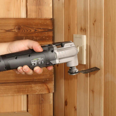 Badass 20V Cordless Oscillating Multi Tool With 15 Piece Accessory Kit And Rapid Charge Lithium Battery for precise cutting into wood.