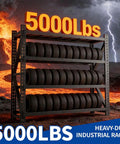 Built Like A Tank 4 Tier Heavy Duty Garage Shelving Unit with tires, showing 5000 lbs capacity, sturdy metal design.